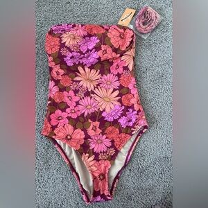 Kona Sol Pink and Purple Floral Women’s One Piece Bathing Suit, Swim, Size S